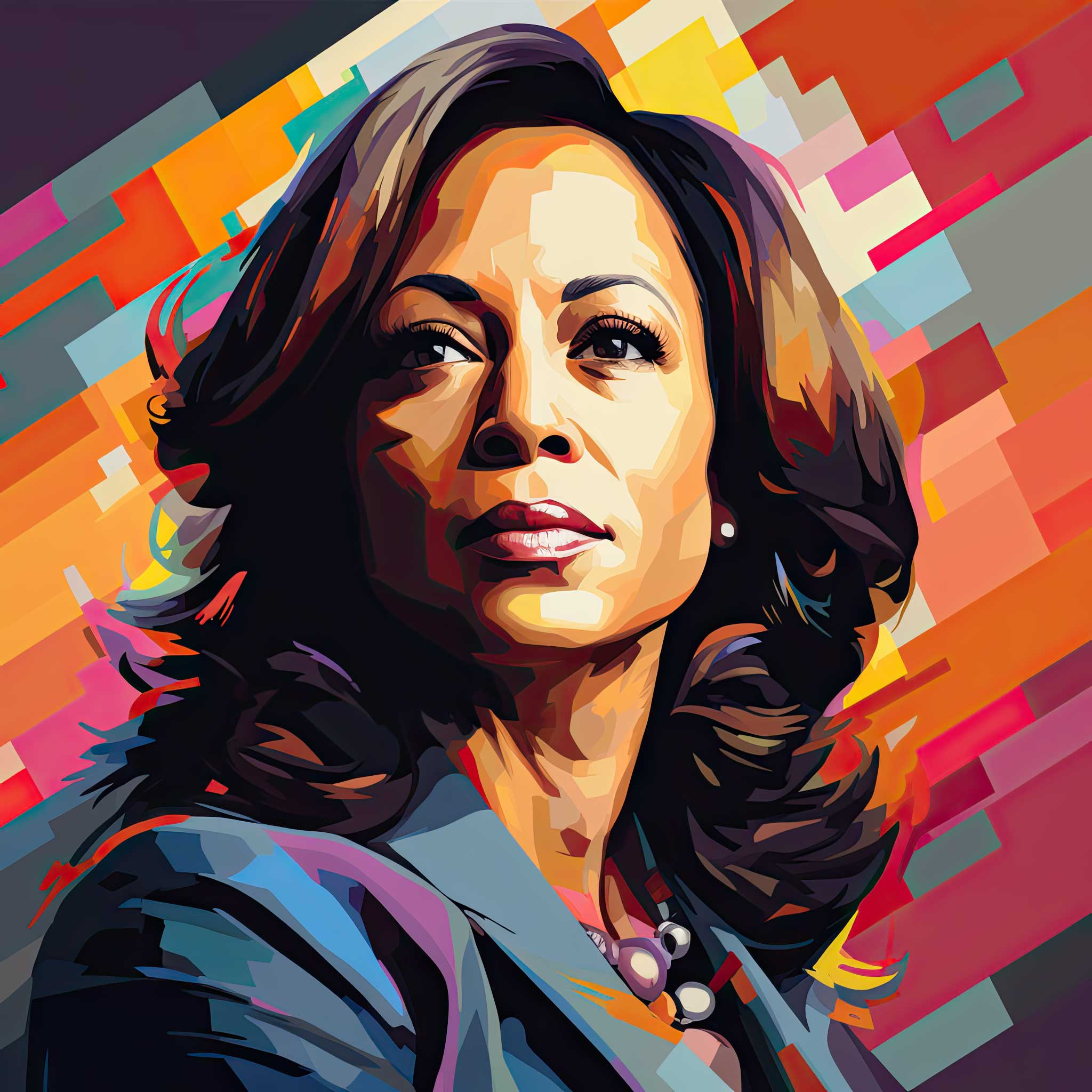 Abstract portrait of Kamala Harris with a colorful background
