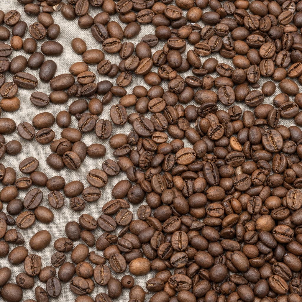 Roasted coffee beans scattered across a light unmarked linen surface