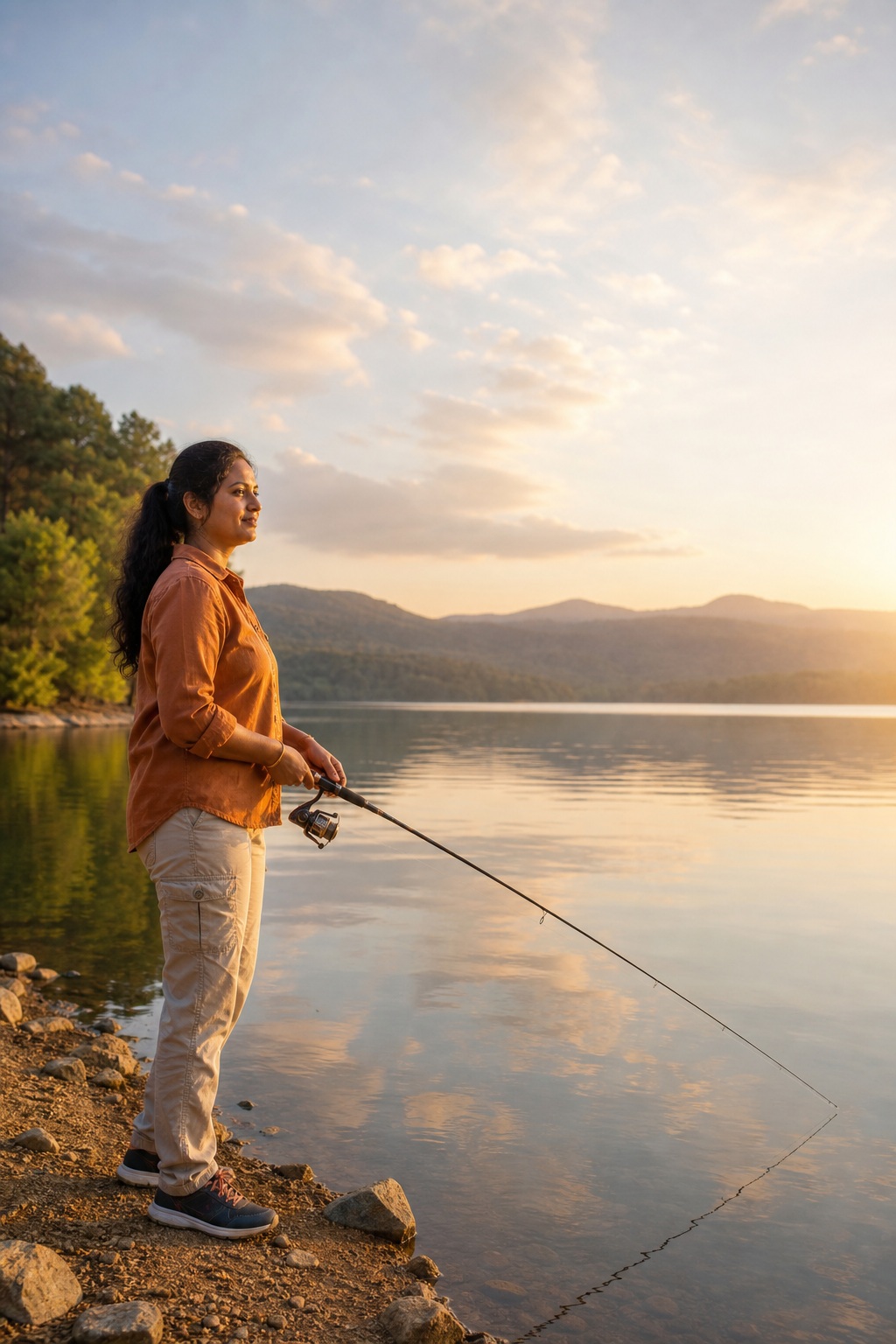 A person fishing beside a calm lake at sunrise with mountains and trees in the background.