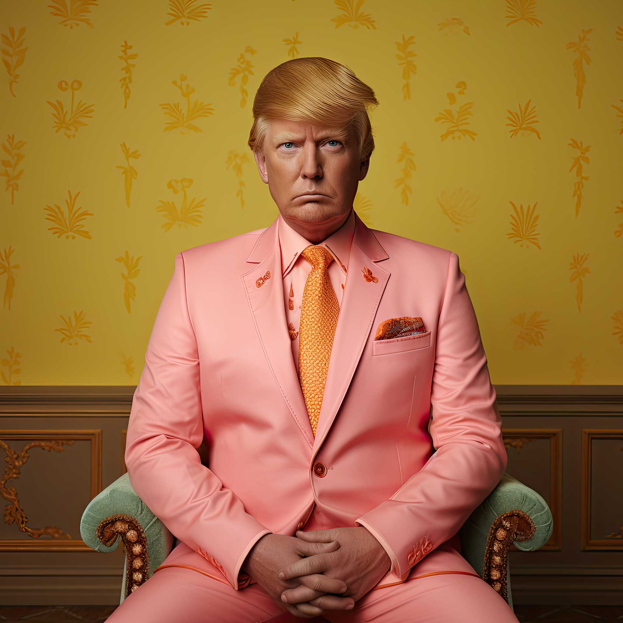 Man in a pink suit seated against a patterned gold wallpaper background
