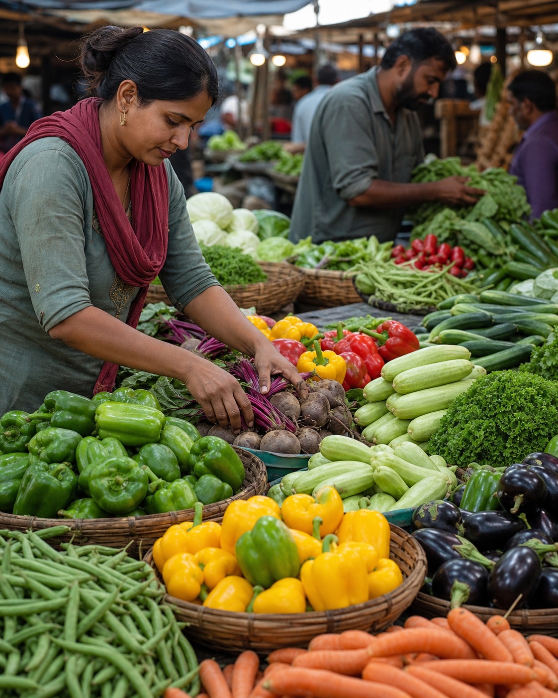 Vendor arranging fresh vegetables at a crowded local market stall