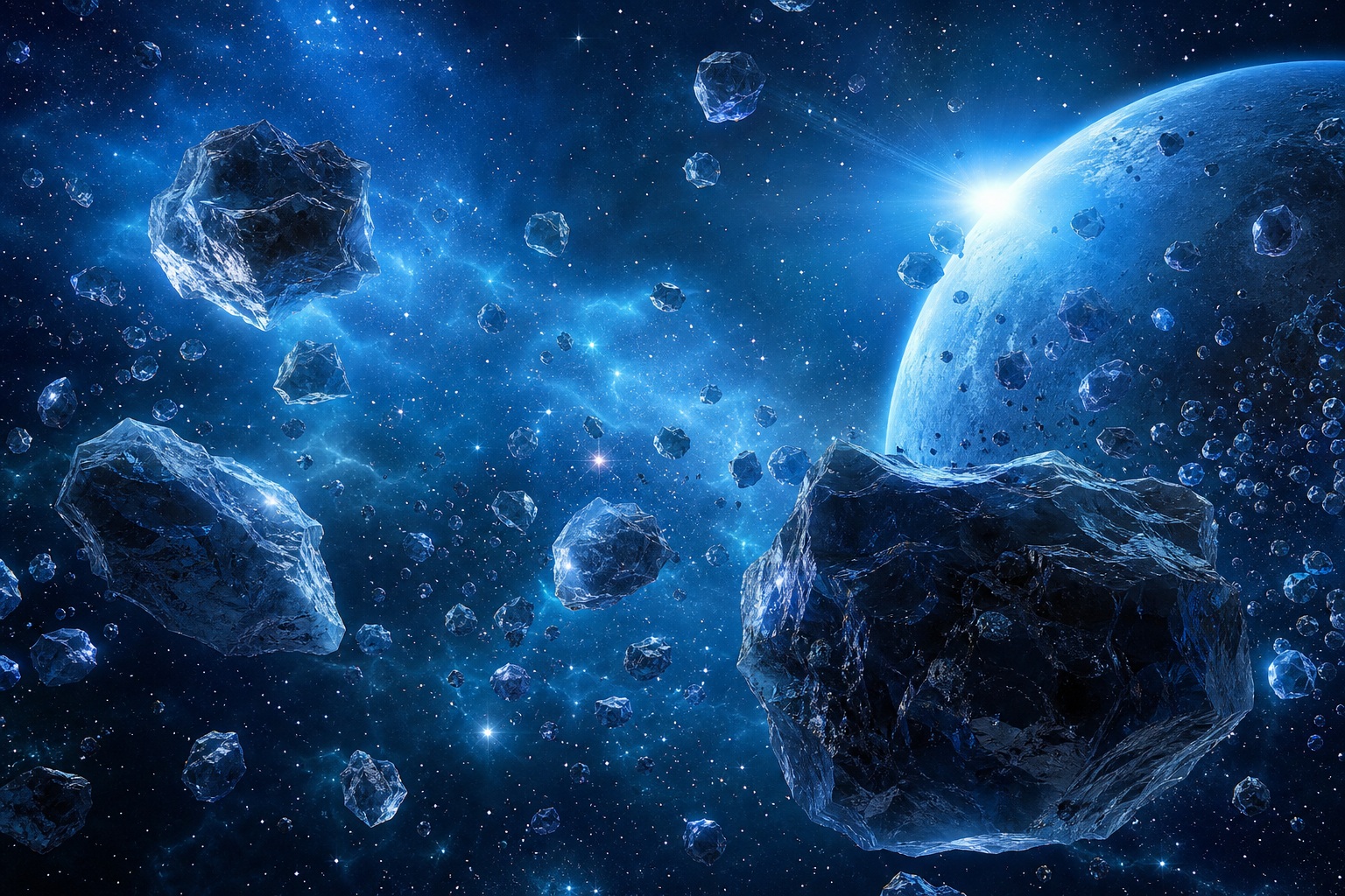 Blue-lit asteroid field floating in deep space with glowing nebula clouds and distant stars.