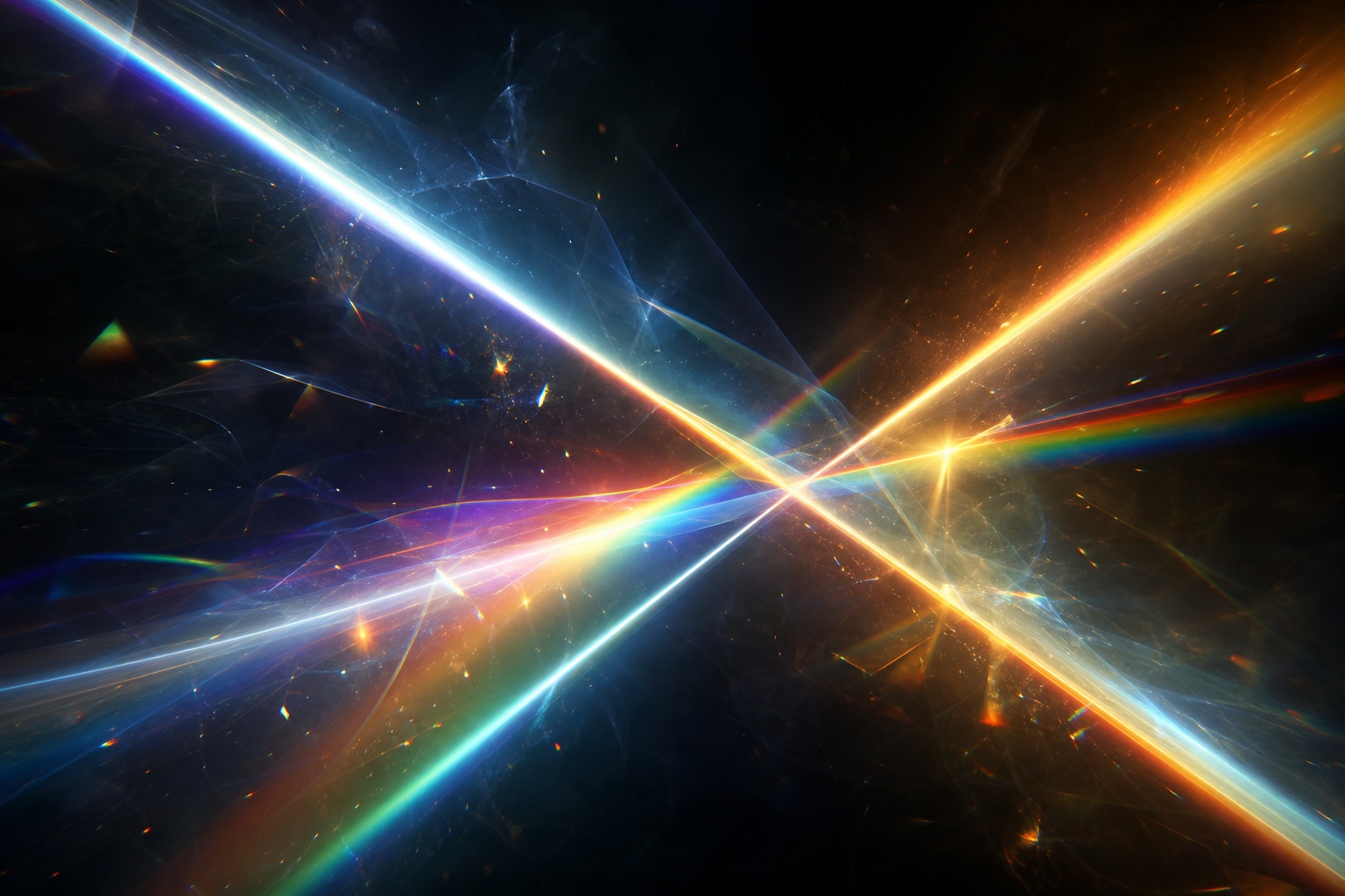 Abstract dark background with intersecting rainbow light beams and glowing flare lines
