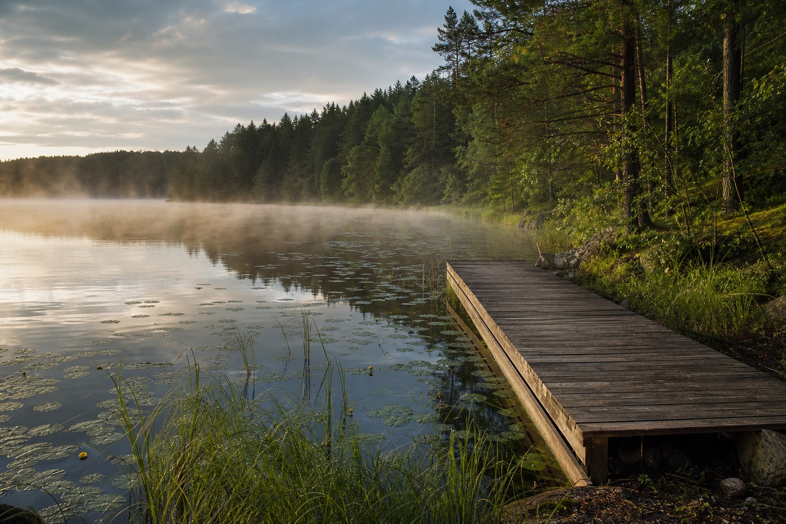 Wooden dock extending into a misty lake with trees and mountain fog at dawn