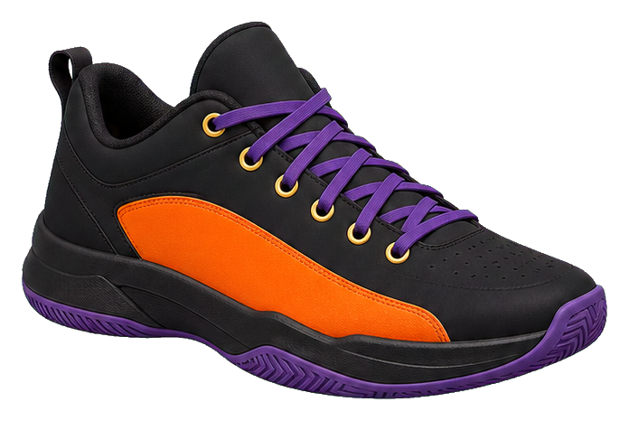 Black low-top basketball shoe with an orange side panel and purple sole detail