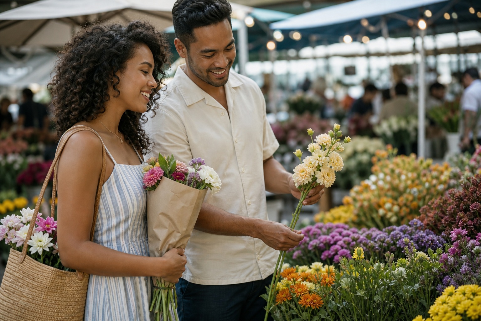 Smiling couple walking through a flower-filled farmers market together.