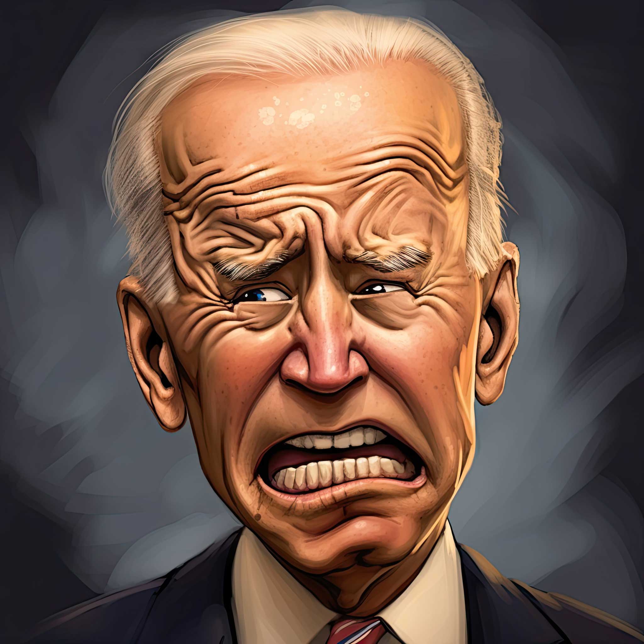 Stylized portrait of Joe Biden with an angry expression against a dark background.