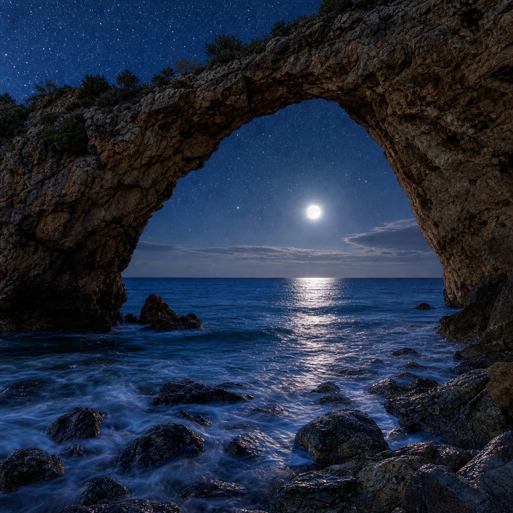 Moonlit ocean waves beneath a rocky arch with a bright moon and starry sky