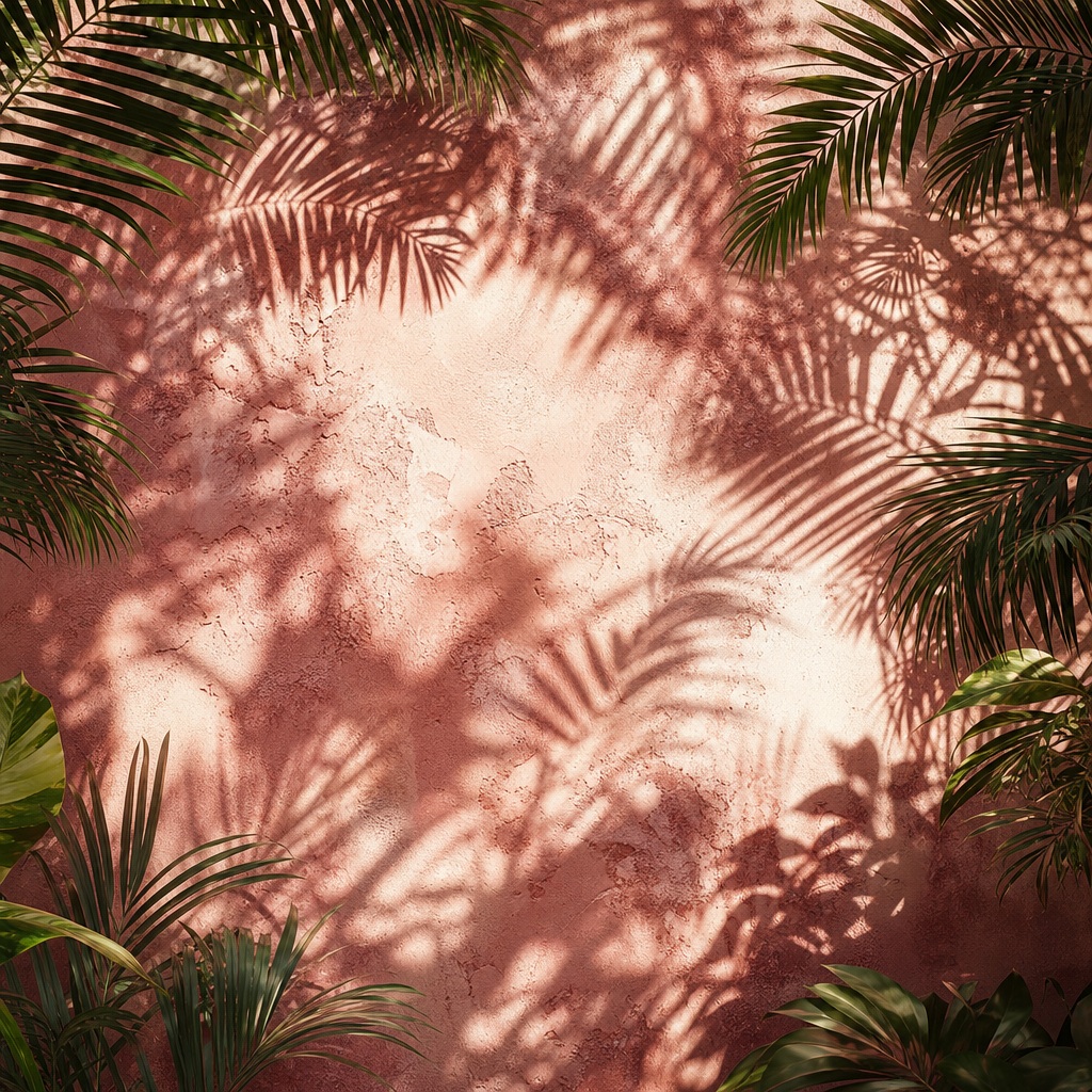 Palm leaf shadows cast across a pink clay textured background.