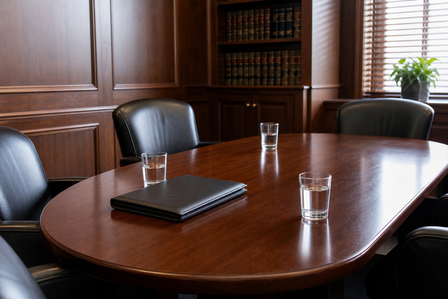 Wooden legal office conference table with glasses, book, chair, and shelving behind it
