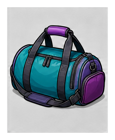 A teal and purple gym duffel bag sticker with black straps on a dark background.