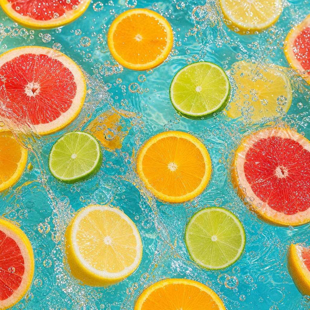 Colorful citrus slices on a bright blue splash background