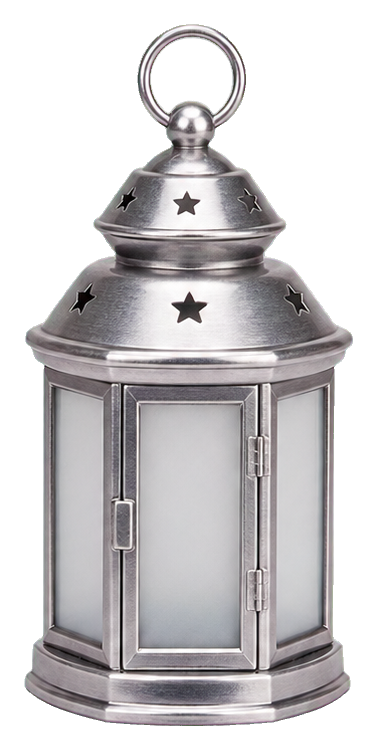 A realistic miniature silver lantern with frosted glass panels and star cutouts.
