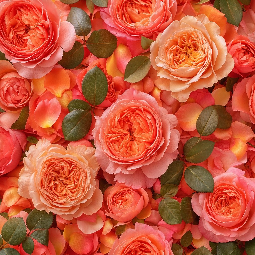 Dense coral and pink roses with green leaves in a full floral pattern