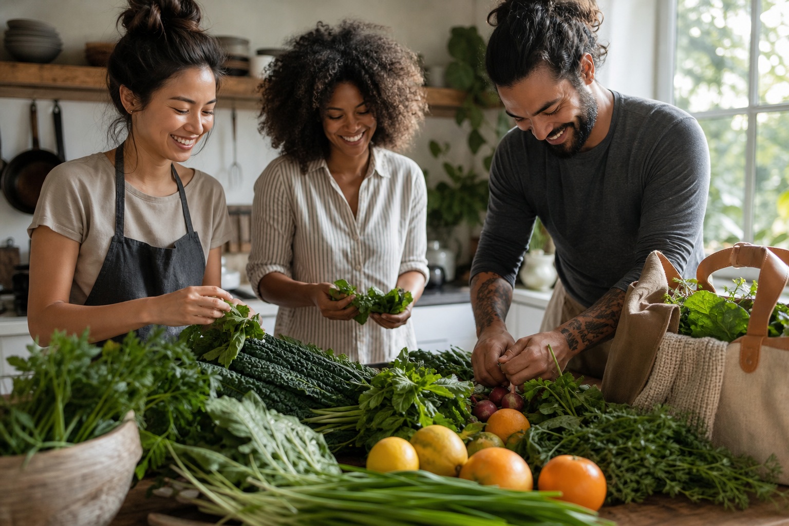 Three people preparing fresh vegetables together at a kitchen counter.