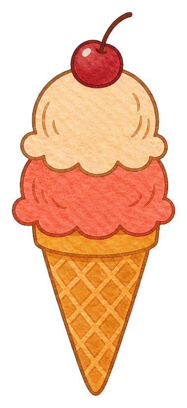 Folk art peach ice cream cone with cranberry swirl and a cherry on top