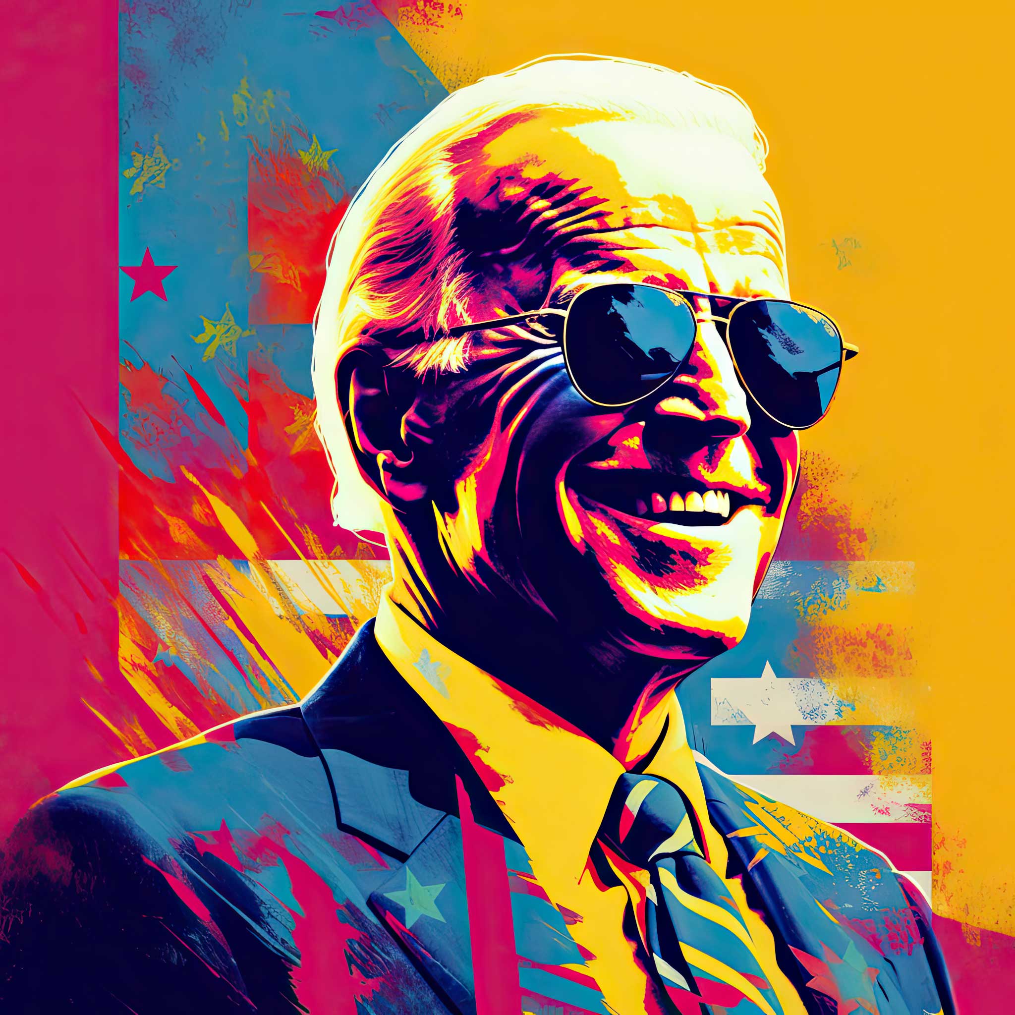 Stylized portrait of Joe Biden wearing sunglasses on a bright colorful background.