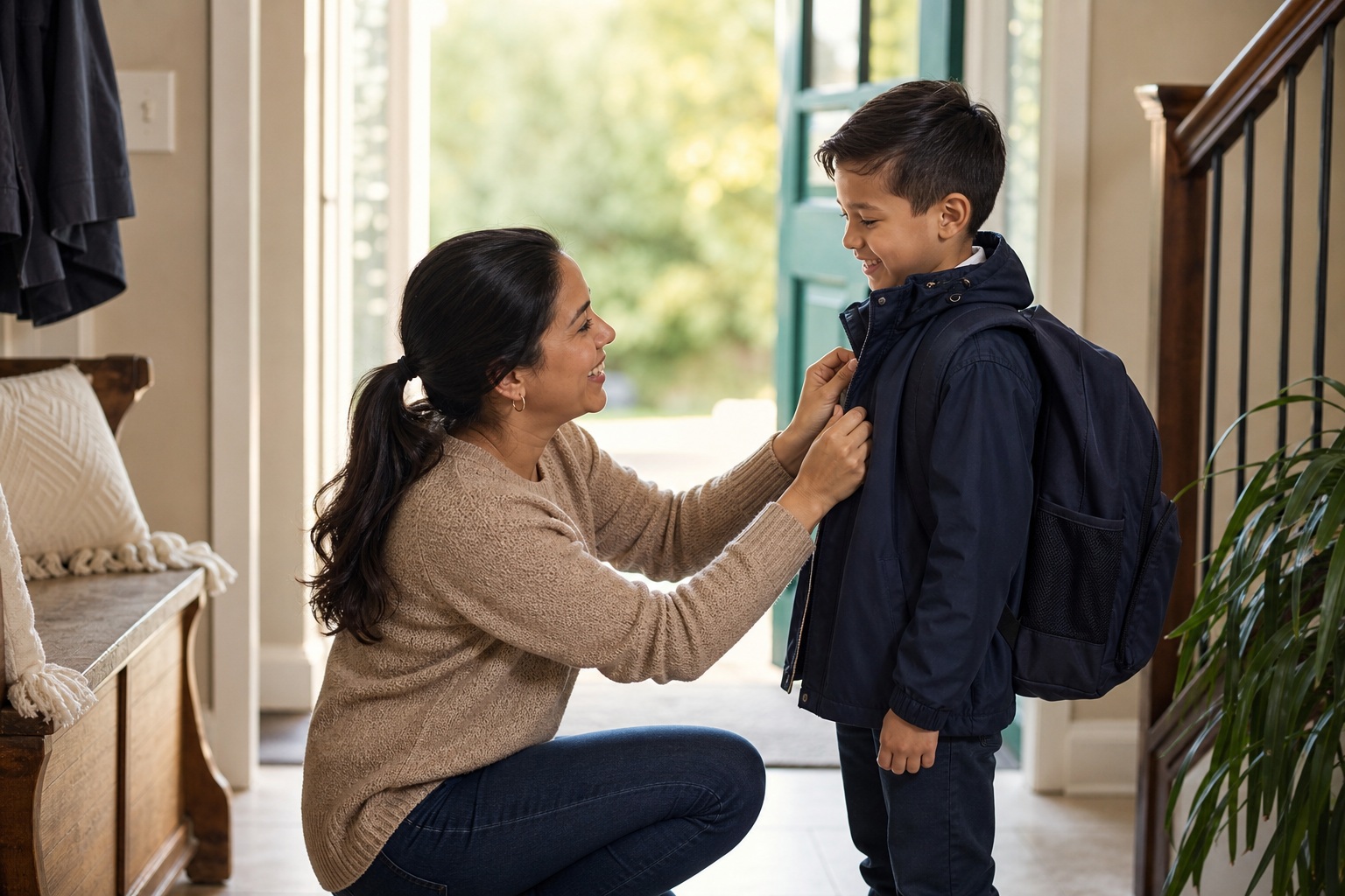Mother helping her young son put on a jacket near the front door.