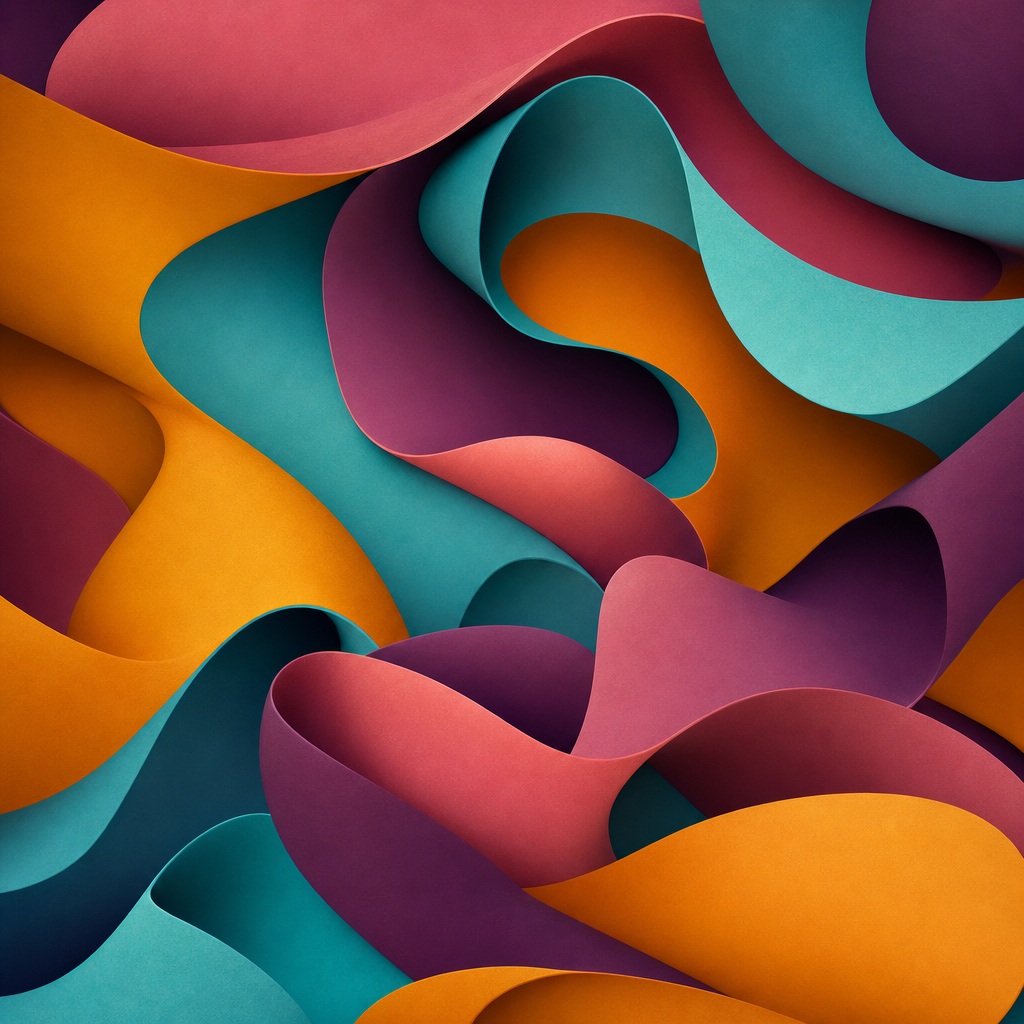 Colorful folded geometric shapes in turquoise, marigold, rose, and purple with an optical illusion effect.
