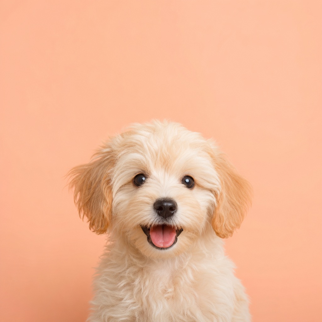 Fluffy small dog portrait against a warm peach studio background