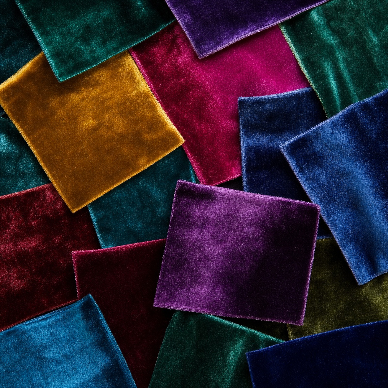 Overlapping colorful textured squares on a dark background
