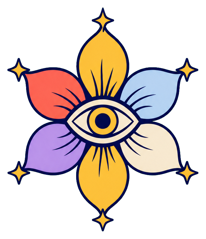 Colorful flower-shaped eye with sun and moon details and small star accents