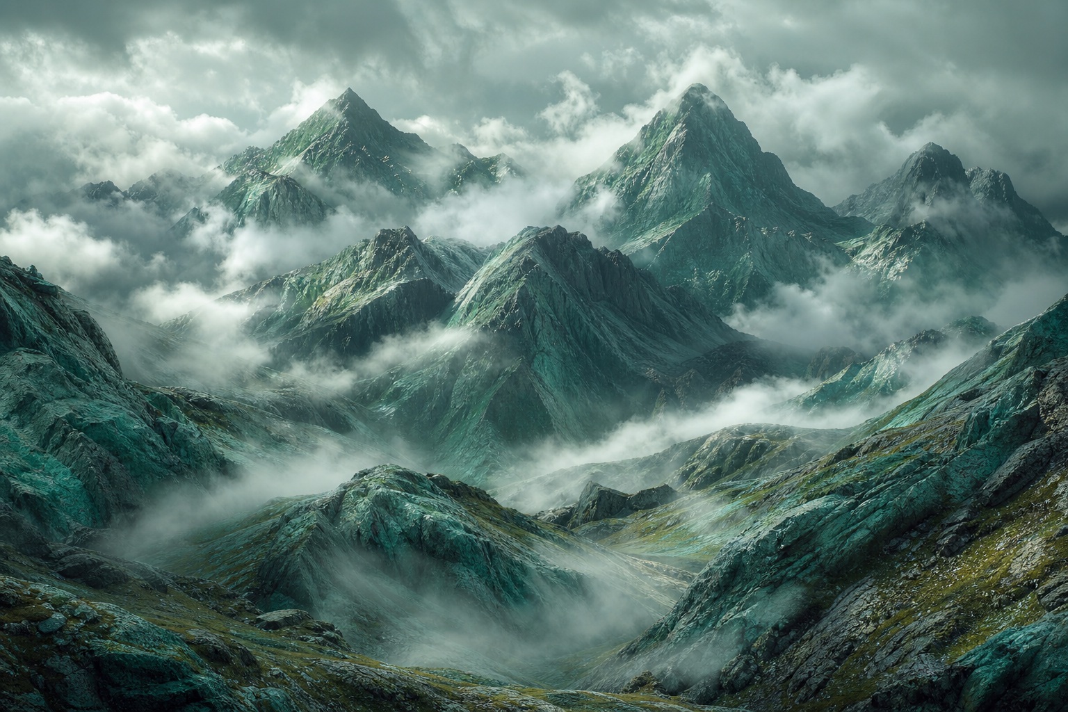 Jade-toned futuristic mountains with cloud-wrapped peaks and stormy valleys.