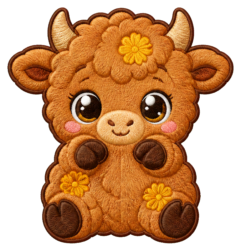 Cute marigold yak calf with big eyes and flower accents in a patch-style sticker.