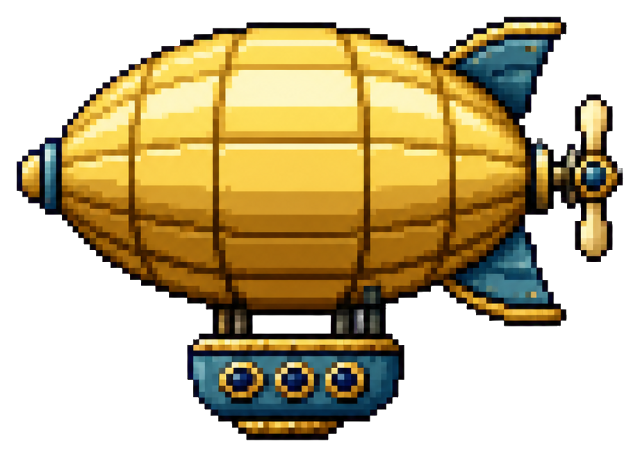 Gold pixel art balloon airship with blue fins and a small gondola below.