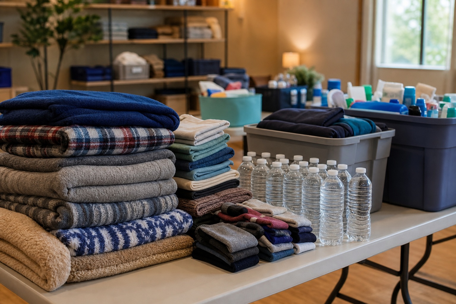 Folded blankets, stacked supplies, and water bottles on a community donation table indoors.