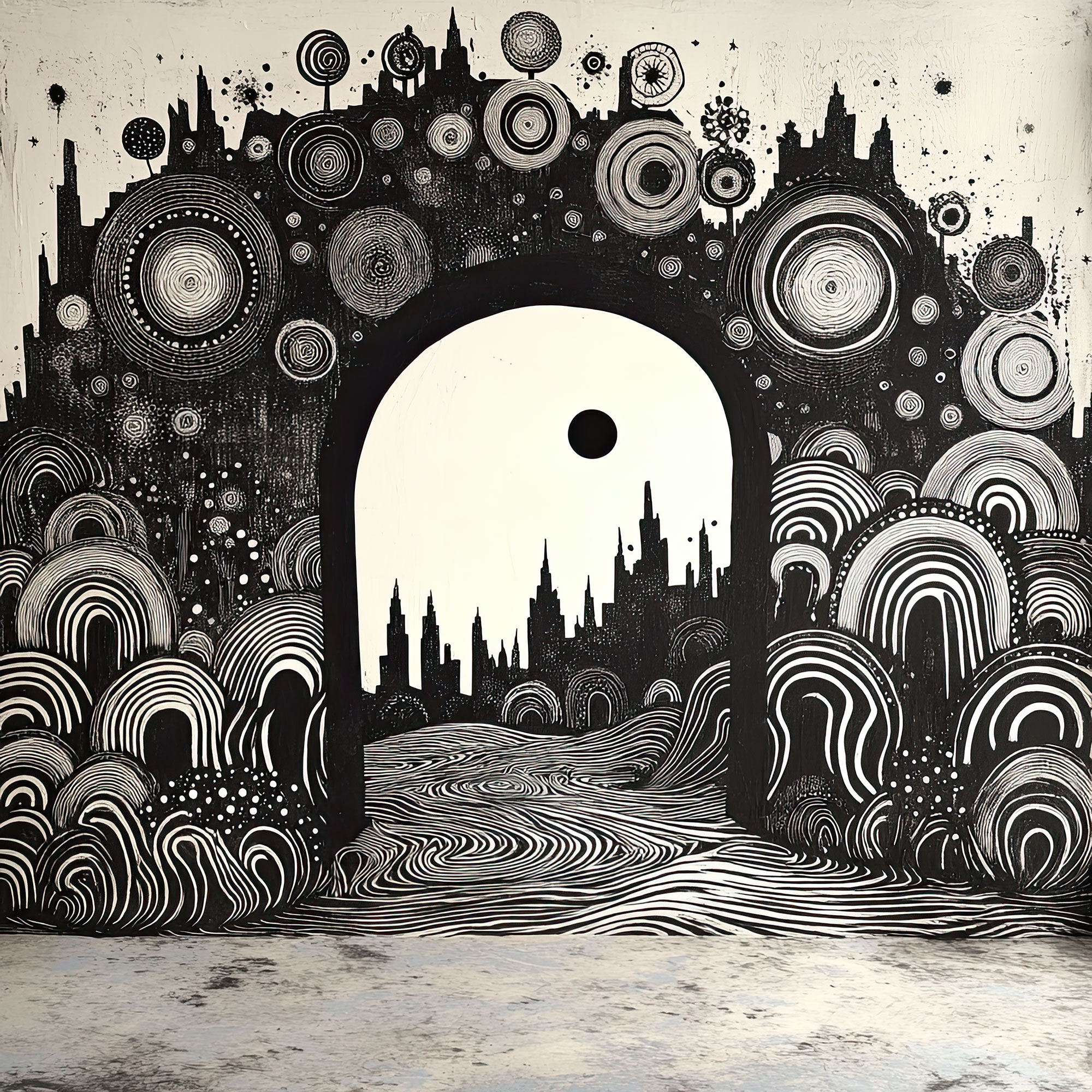 Preview for Surreal-cityscape-through-archway-whimsical-backdrop-background-69d9c