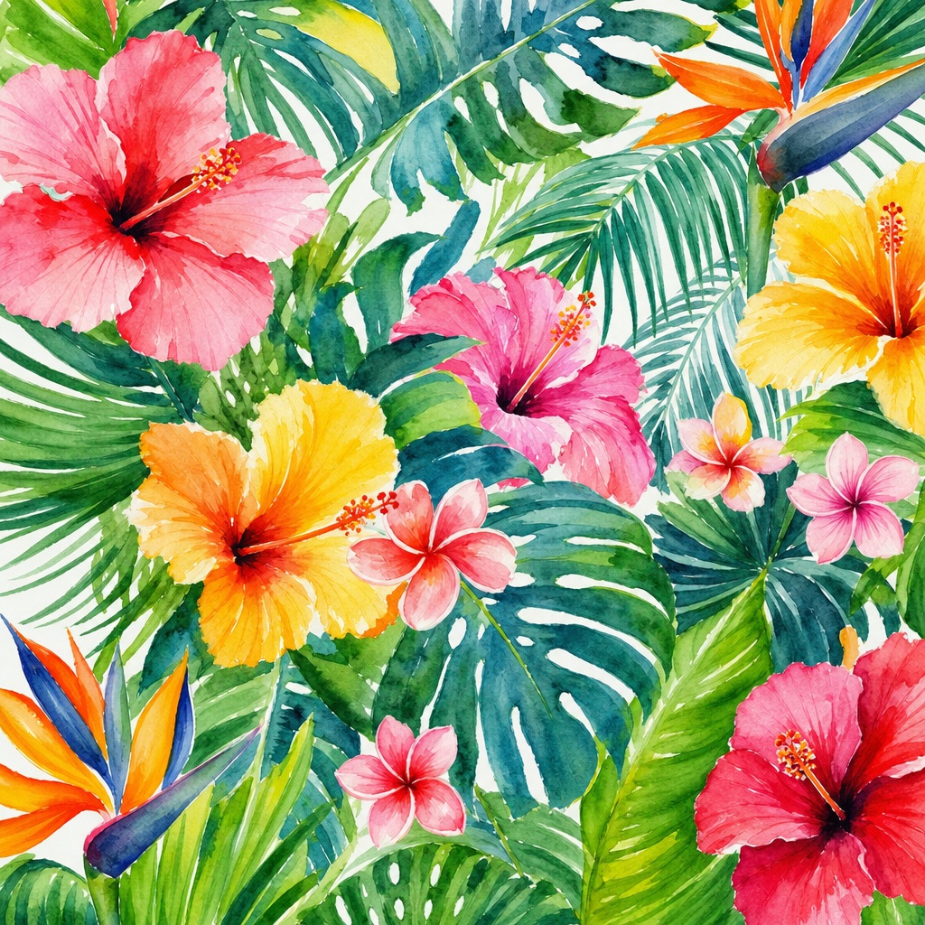 Square watercolor floral background with pink, yellow, and orange tropical flowers and green leaves