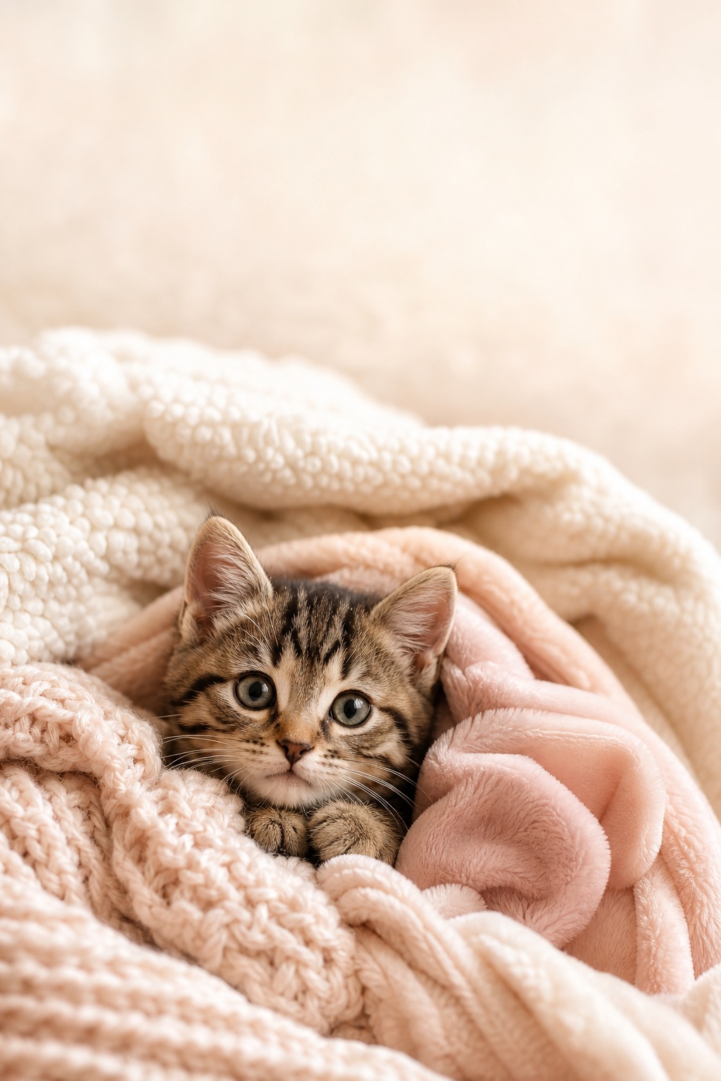 Tabby kitten peeking out from soft beige and pink blankets