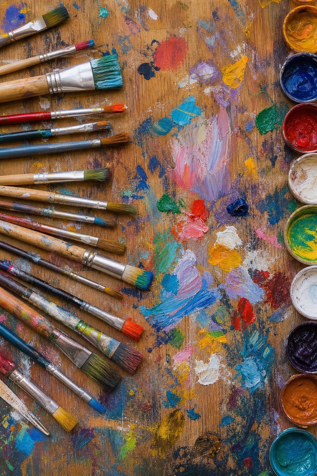 Paintbrushes, paint splatters, and colorful paint pots on a textured background