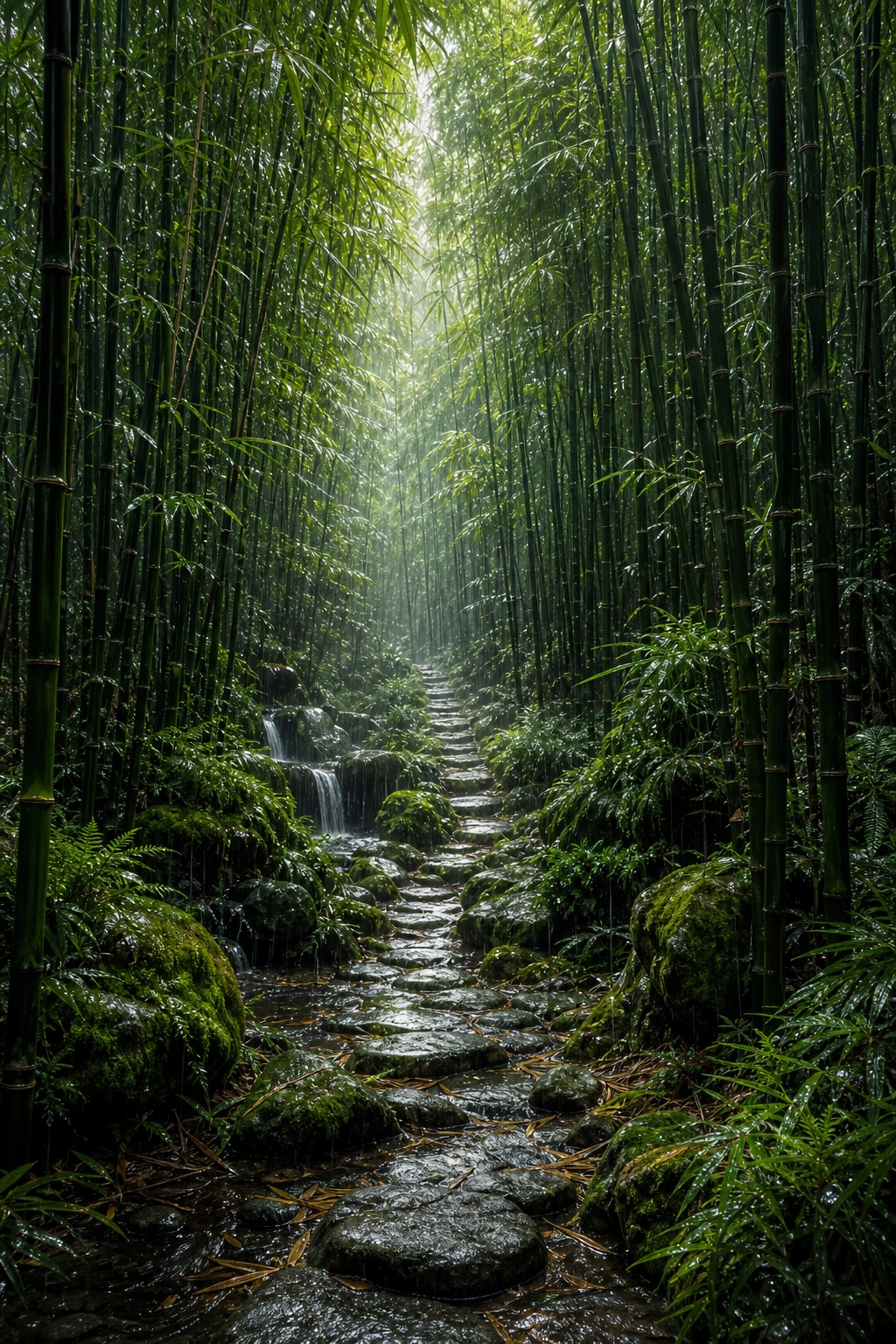 Misty bamboo forest with a stone path and small waterfall in the distance.