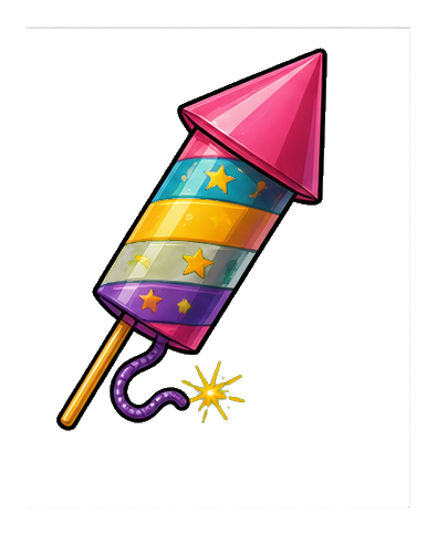 Colorful party rocket with stars and a spark at the fuse