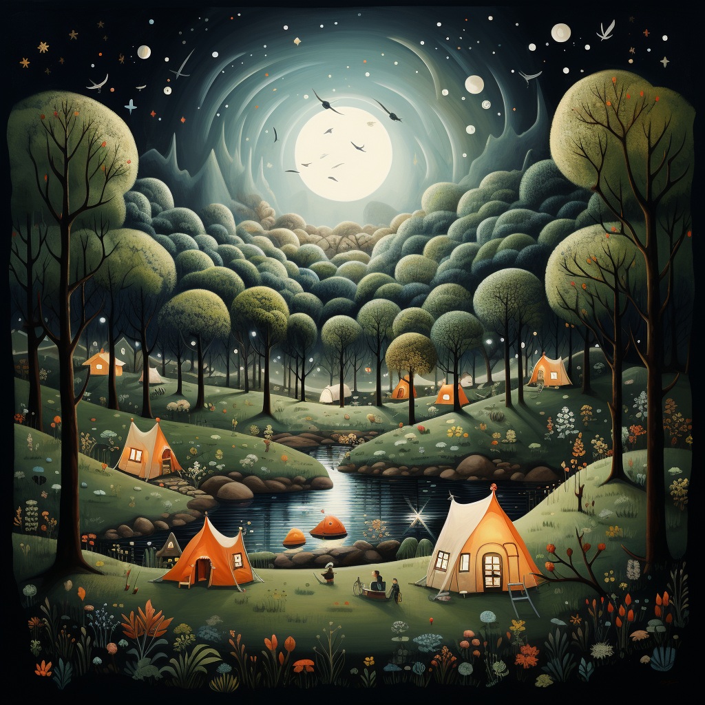 Moonlit forest campsite with tents, river, trees, and mountains under a bright full moon.