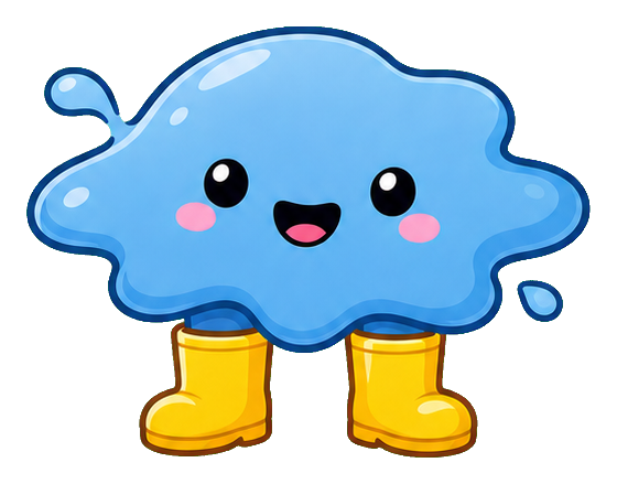 Cute blue puddle character wearing yellow rain boots with a smiling face