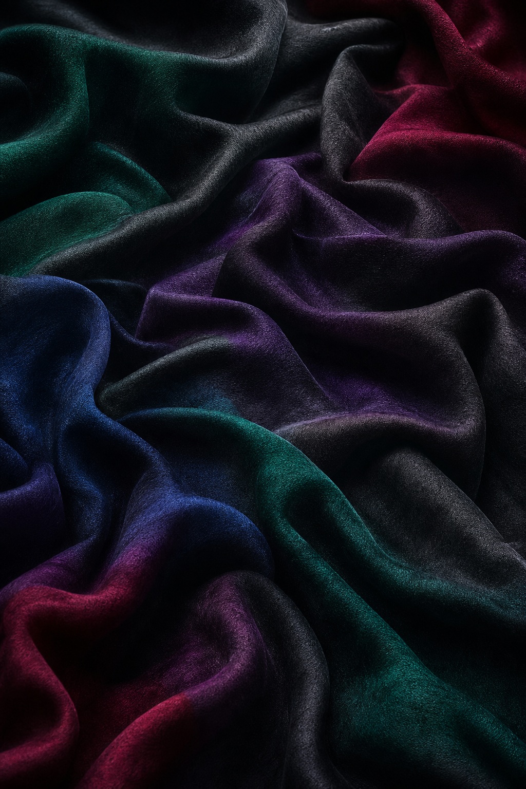 Dark jewel-toned fabric with soft folded drapes and velvet-like texture