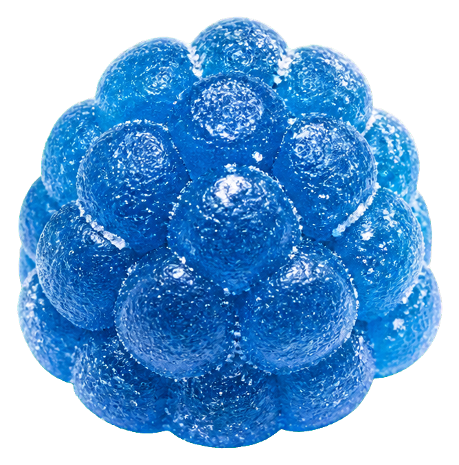 A round blue raspberry hard candy covered in shiny sugar crystals