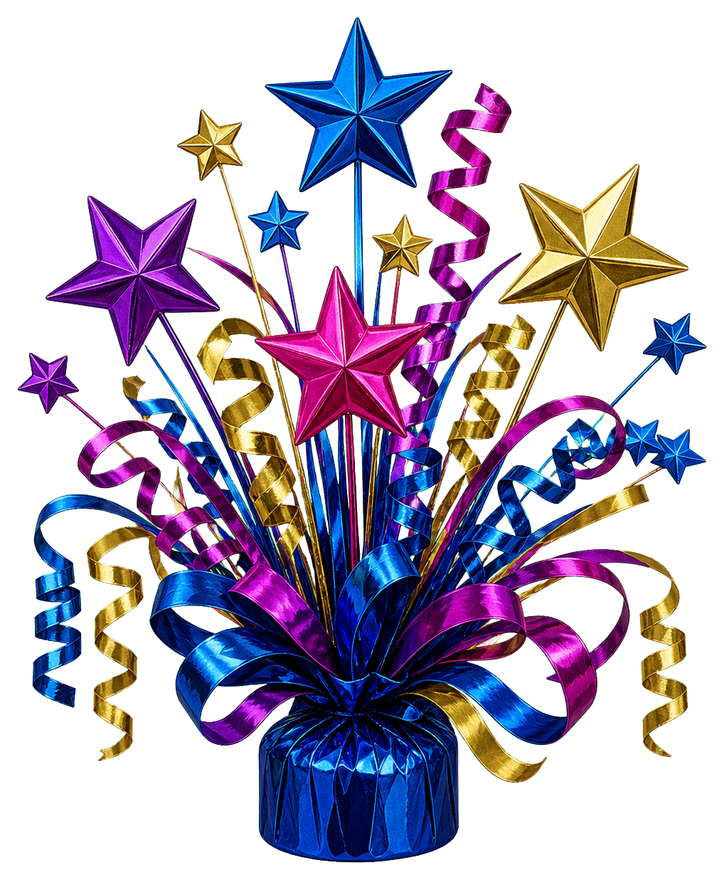 Colorful party centerpiece with stars, streamers, and balloons on a blue base.