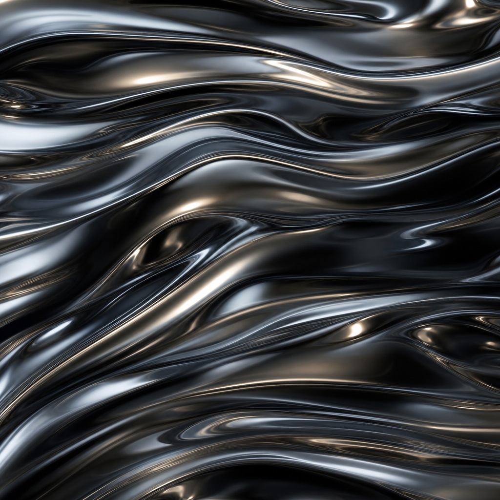 Dark reflective metallic waves with glossy chrome ripples and highlights
