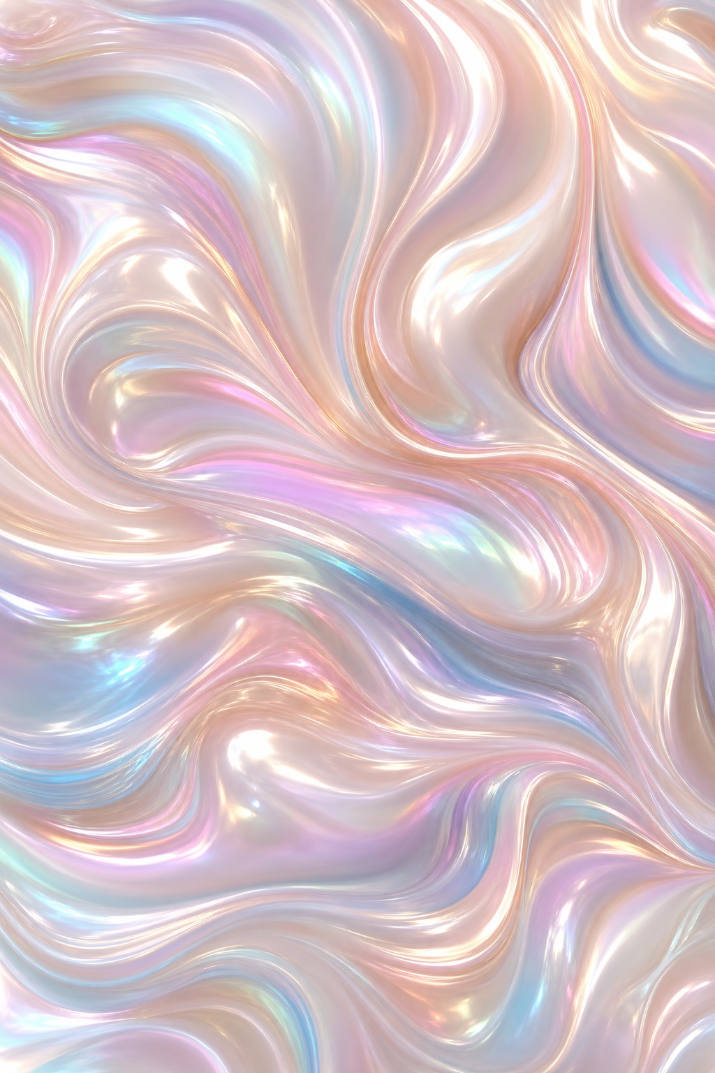 Abstract iridescent swirls in pearly pastel pink, blue, and gold tones