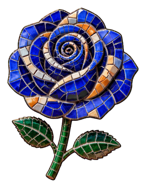 Blue ceramic mosaic rose with green stem and leaves