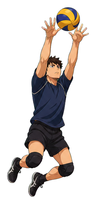 Anime-style volleyball player jumping with both hands raised to block a ball.
