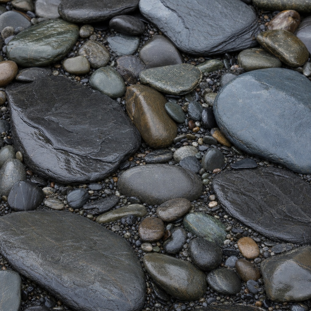 Rain-darkened flat slate stones and smooth river pebbles filling the frame