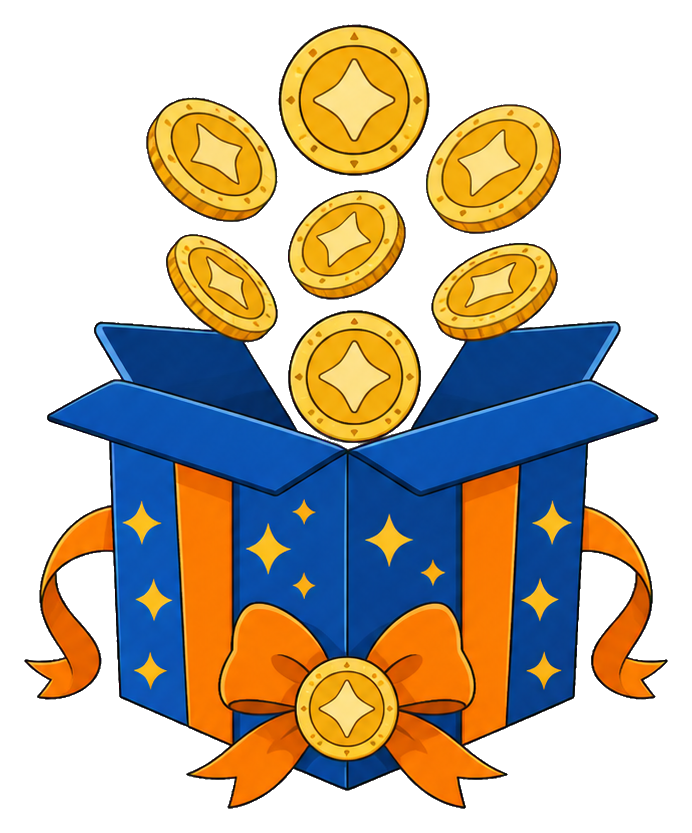 Blue gift box with gold coins popping out and an orange ribbon bow