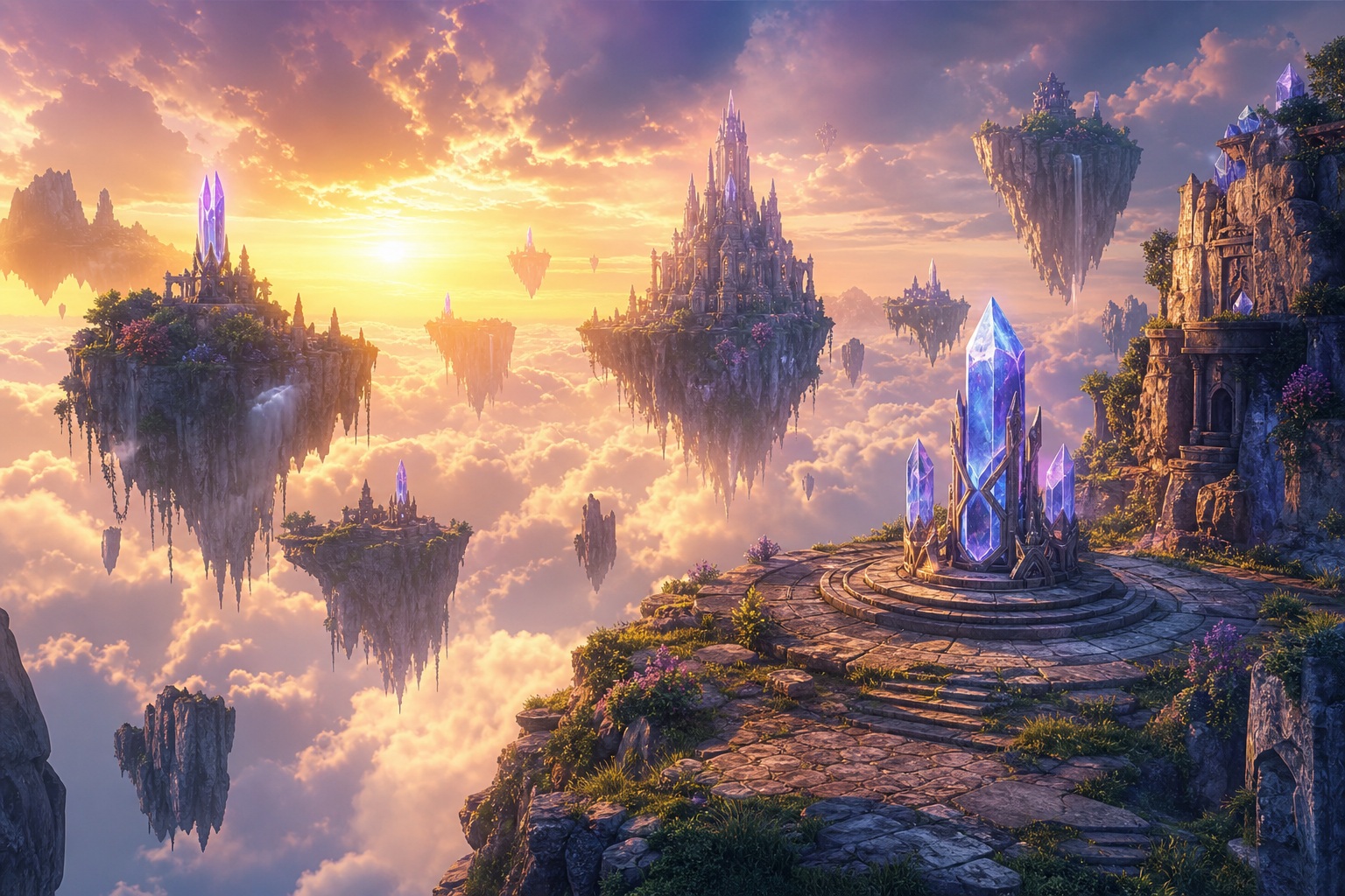 Floating stone islands above a glowing fantasy sky with a bright crystal outcrop