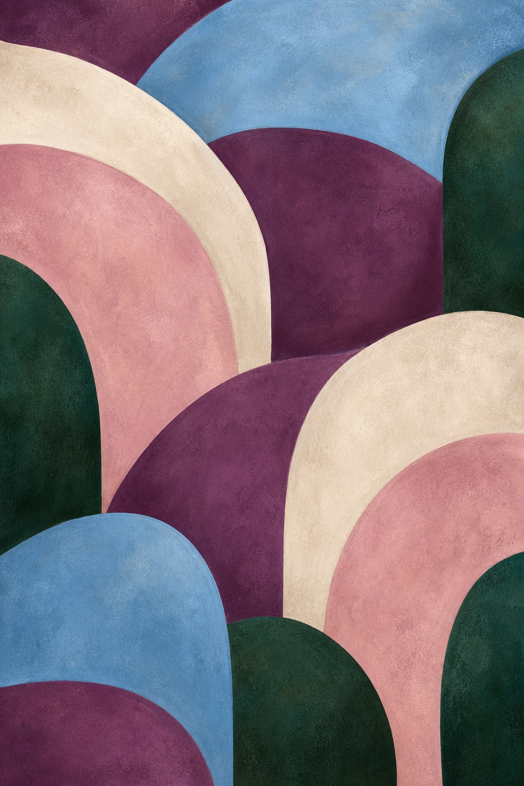 Abstract background with overlapping arch shapes in plum, sky blue, pink, cream, and dark green