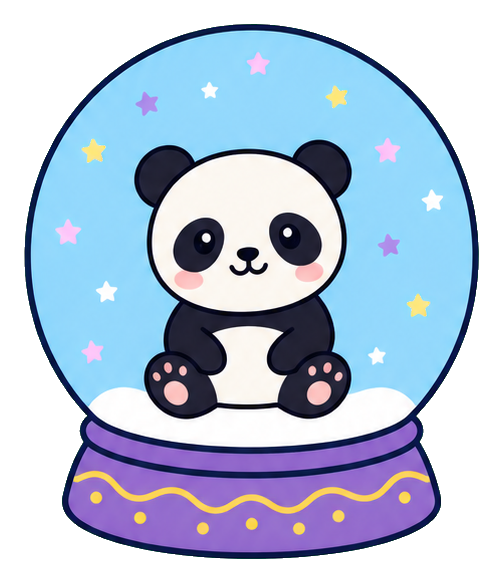 Cute panda sitting inside a pastel snow globe with stars and a purple base
